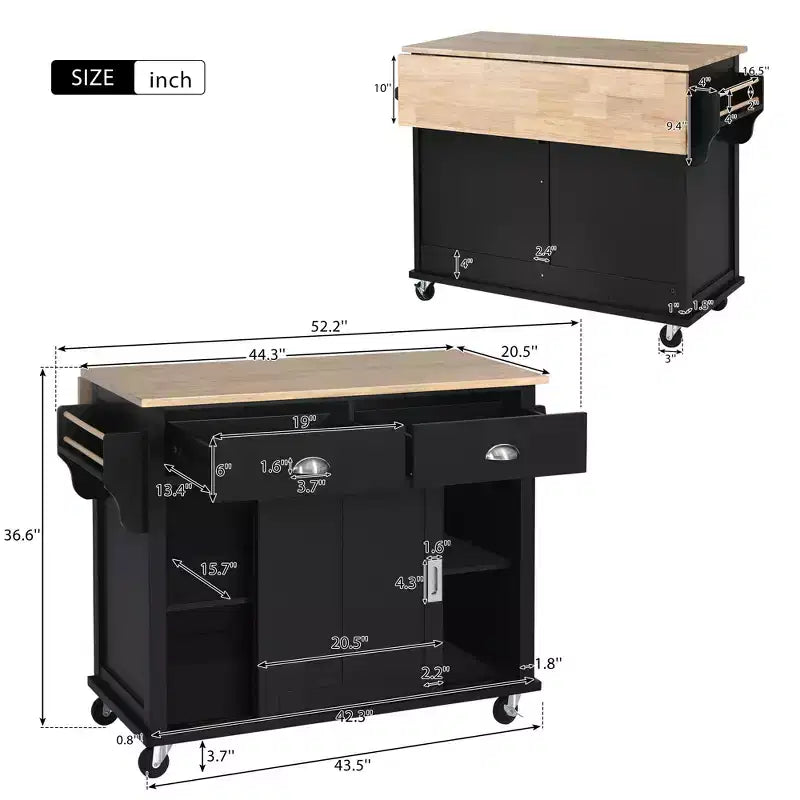 Wood Kitchen Cart with Drop-Leaf Countertop with 2 Drawers and Storage Cabinet, Wheels, Sliding Barn Door Adjustable Height