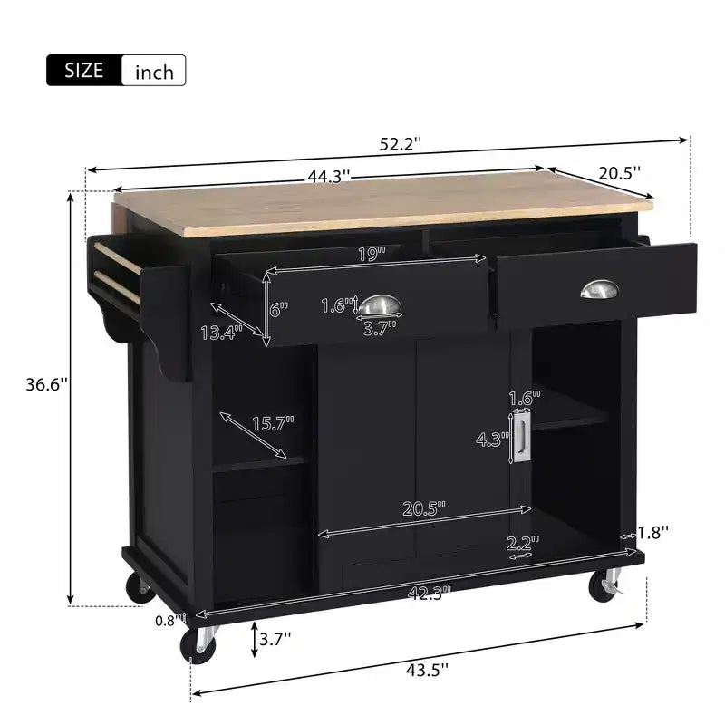 Wood Kitchen Cart with Drop-Leaf Countertop with 2 Drawers and Storage Cabinet, Wheels, Sliding Barn Door Adjustable Height