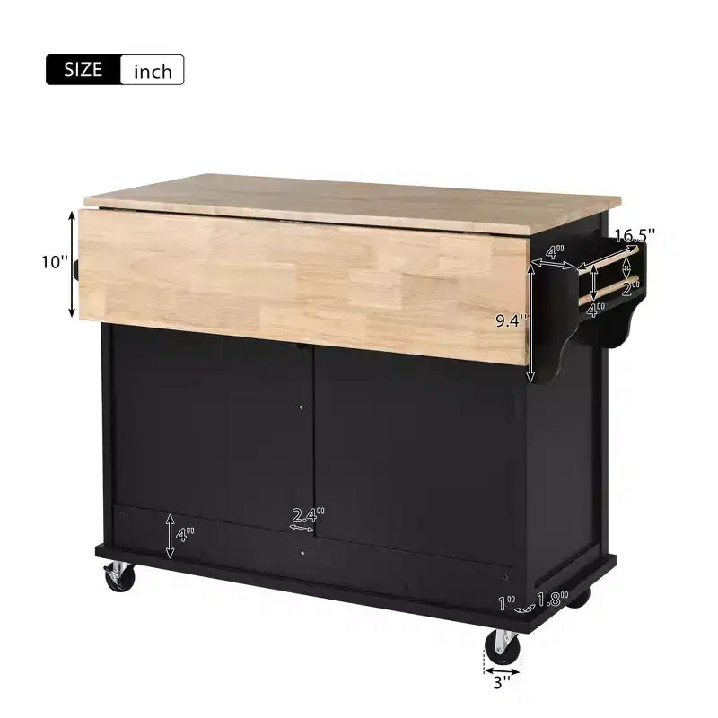 Wood Kitchen Cart with Drop-Leaf Countertop with 2 Drawers and Storage Cabinet, Wheels, Sliding Barn Door Adjustable Height