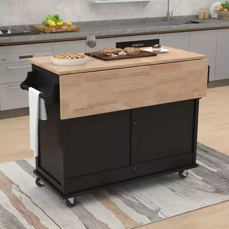 Wood Kitchen Cart with Drop-Leaf Countertop with 2 Drawers and Storage Cabinet, Wheels, Sliding Barn Door Adjustable Height