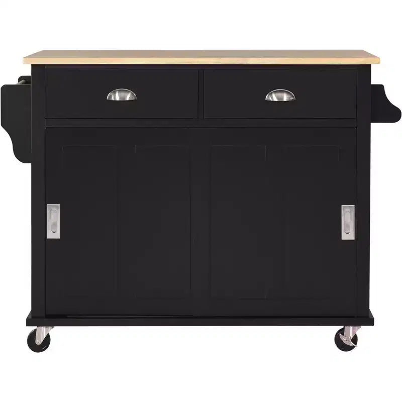 Wood Kitchen Cart with Drop-Leaf Countertop with 2 Drawers and Storage Cabinet, Wheels, Sliding Barn Door Adjustable Height