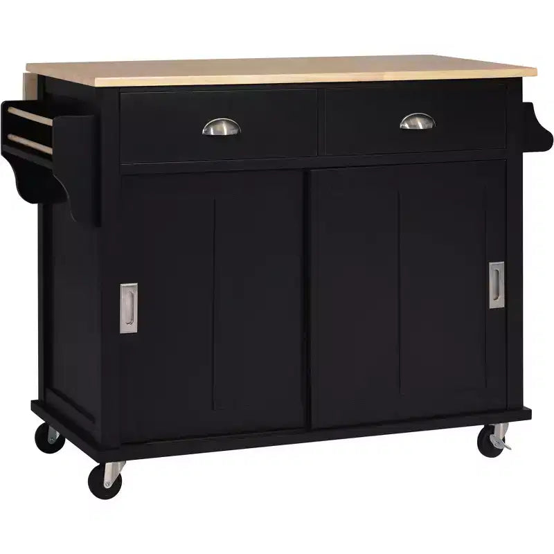 Wood Kitchen Cart with Drop-Leaf Countertop with 2 Drawers and Storage Cabinet, Wheels, Sliding Barn Door Adjustable Height