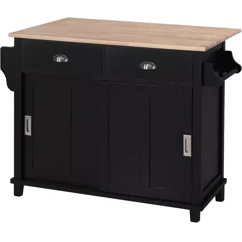 Wood Kitchen Cart with Drop-Leaf Countertop with 2 Drawers and Storage Cabinet, Wheels, Sliding Barn Door Adjustable Height