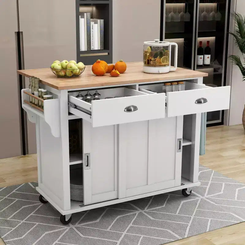 Wood Kitchen Cart with Drop-Leaf Countertop with 2 Drawers and Storage Cabinet, Wheels, Sliding Barn Door Adjustable Height