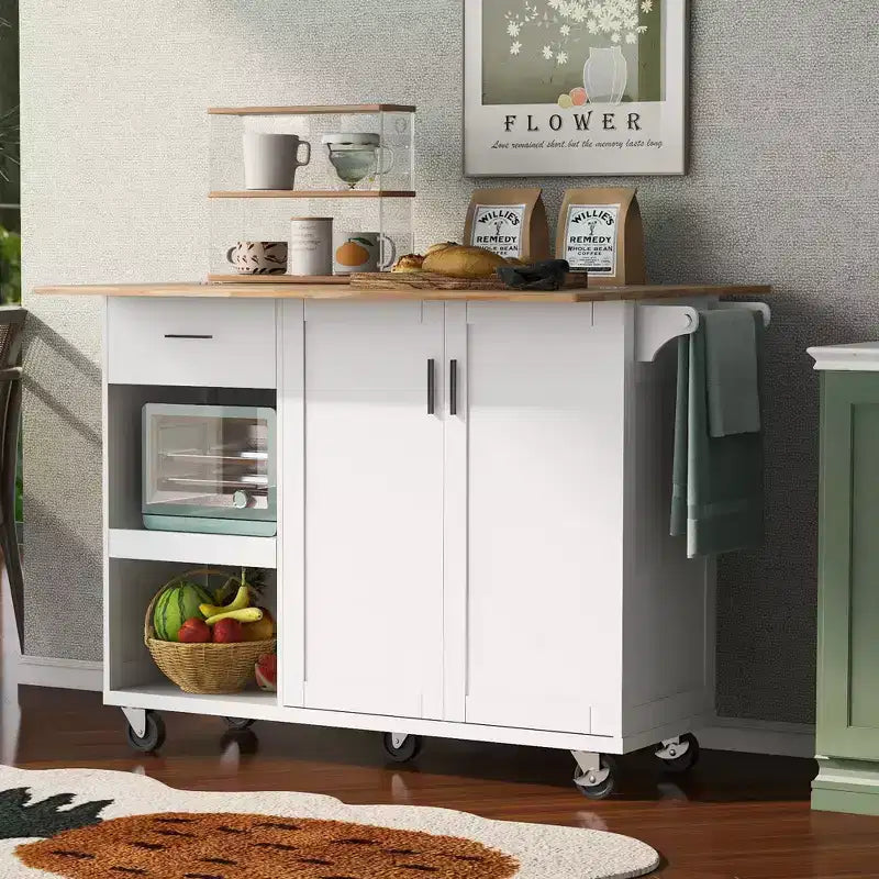 Kitchen Island with Foldable Counter Top, Rolling Kitchen Cart on Wheels, Kitchen Storage Cart with Slide-Out Shelf, Towel Rack and Drawer