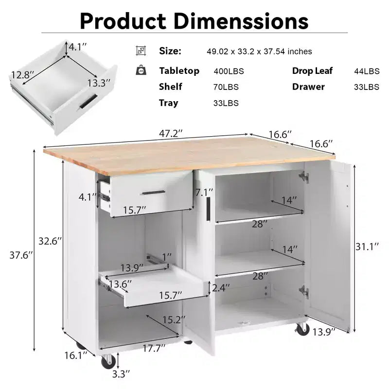 Kitchen Island with Foldable Counter Top, Rolling Kitchen Cart on Wheels, Kitchen Storage Cart with Slide-Out Shelf, Towel Rack and Drawer