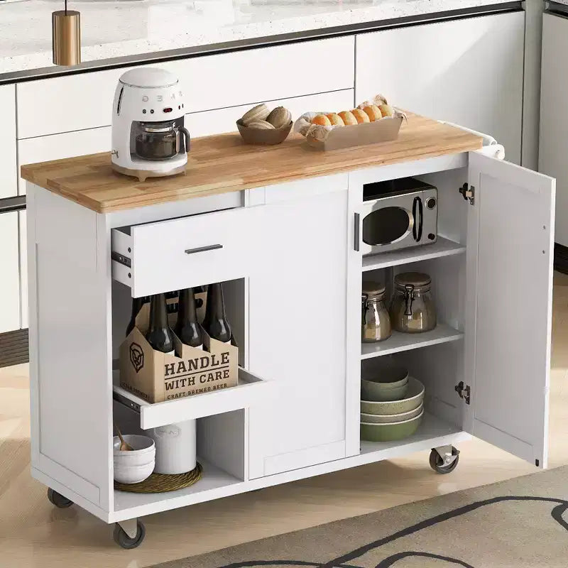 Kitchen Island with Foldable Counter Top, Rolling Kitchen Cart on Wheels, Kitchen Storage Cart with Slide-Out Shelf, Towel Rack and Drawer