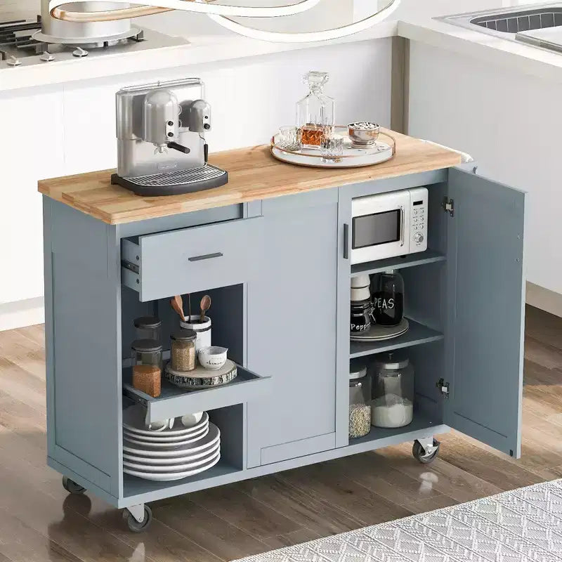 Kitchen Island with Foldable Counter Top, Rolling Kitchen Cart on Wheels, Kitchen Storage Cart with Slide-Out Shelf, Towel Rack and Drawer