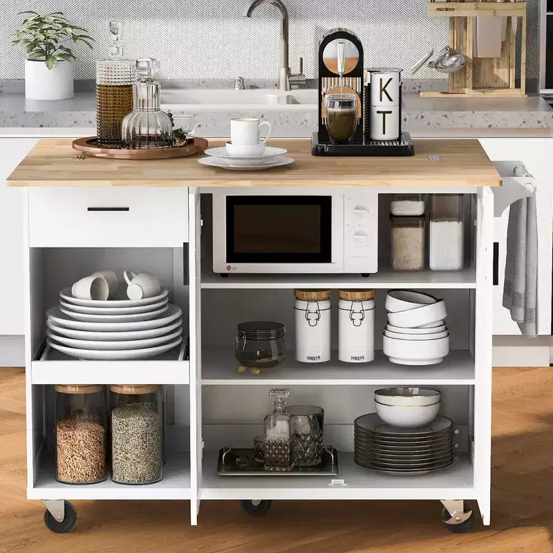 Kitchen Island with Foldable Counter Top, Rolling Kitchen Cart on Wheels, Kitchen Storage Cart with Slide-Out Shelf, Towel Rack and Drawer