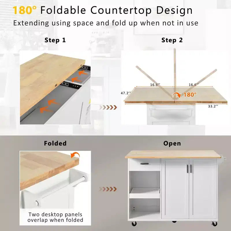 Kitchen Island with Foldable Counter Top, Rolling Kitchen Cart on Wheels, Kitchen Storage Cart with Slide-Out Shelf, Towel Rack and Drawer