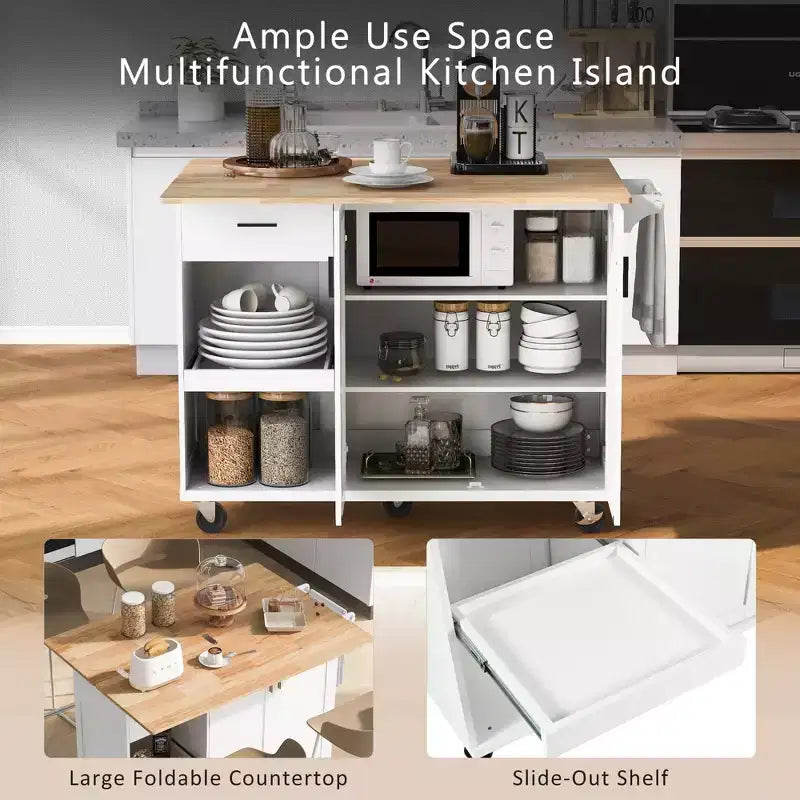 Kitchen Island with Foldable Counter Top, Rolling Kitchen Cart on Wheels, Kitchen Storage Cart with Slide-Out Shelf, Towel Rack and Drawer
