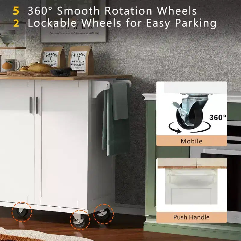 Kitchen Island with Foldable Counter Top, Rolling Kitchen Cart on Wheels, Kitchen Storage Cart with Slide-Out Shelf, Towel Rack and Drawer