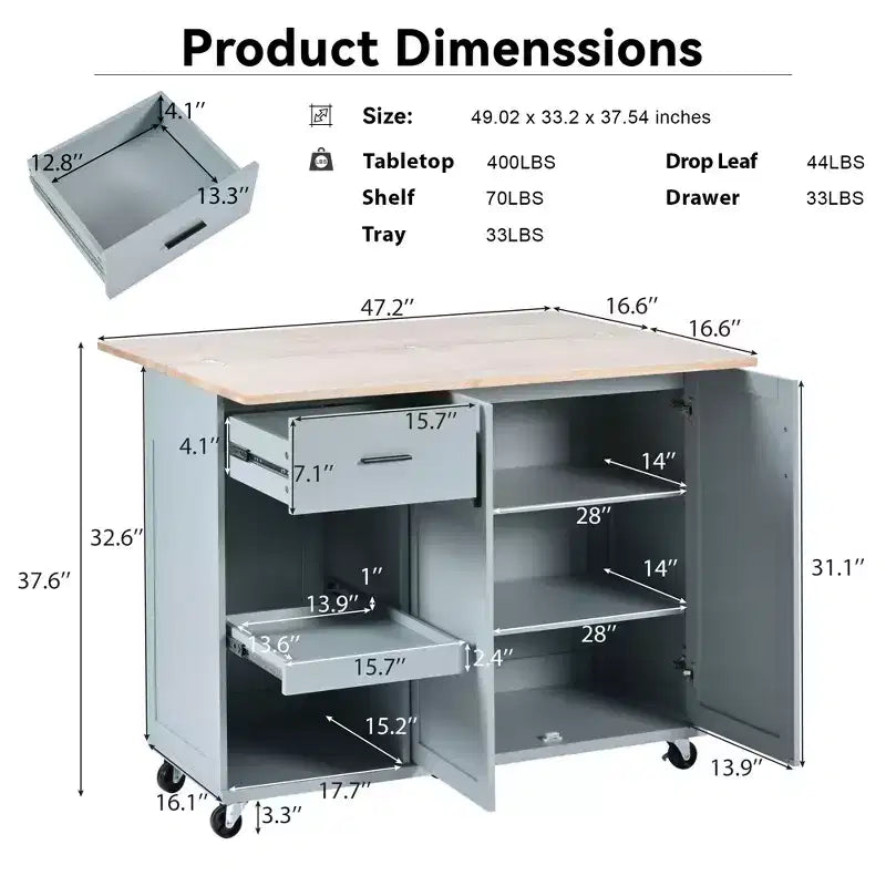 Kitchen Island with Foldable Counter Top, Rolling Kitchen Cart on Wheels, Kitchen Storage Cart with Slide-Out Shelf, Towel Rack and Drawer