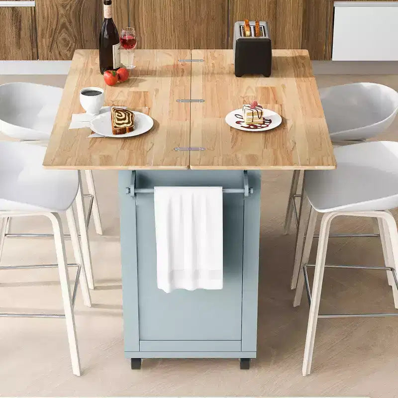Kitchen Island with Foldable Counter Top, Rolling Kitchen Cart on Wheels, Kitchen Storage Cart with Slide-Out Shelf, Towel Rack and Drawer