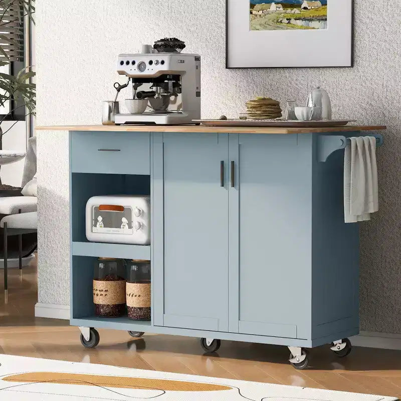 Kitchen Island with Foldable Counter Top, Rolling Kitchen Cart on Wheels, Kitchen Storage Cart with Slide-Out Shelf, Towel Rack and Drawer