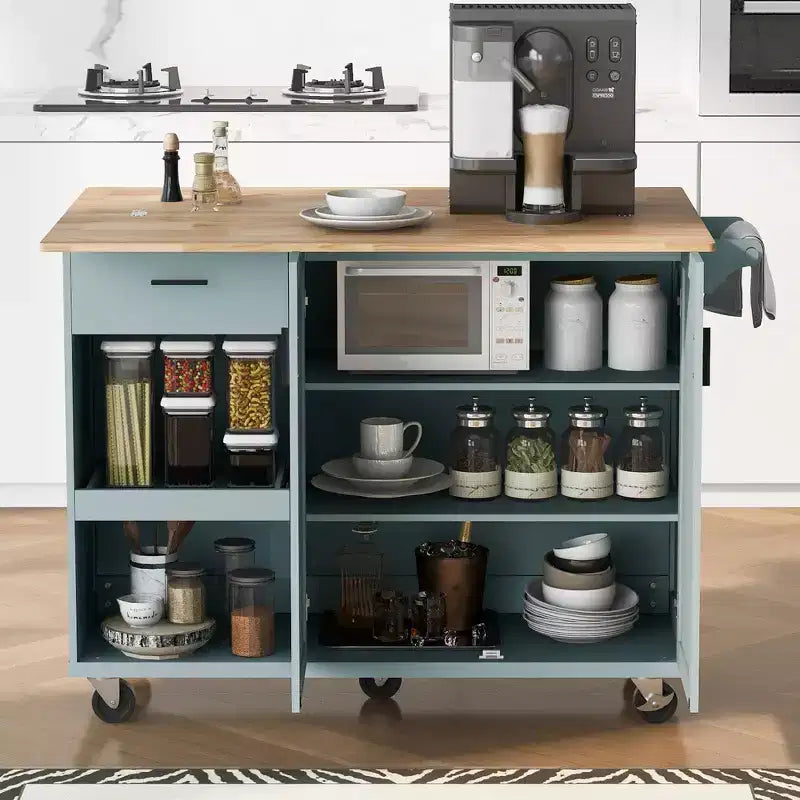 Kitchen Island with Foldable Counter Top, Rolling Kitchen Cart on Wheels, Kitchen Storage Cart with Slide-Out Shelf, Towel Rack and Drawer