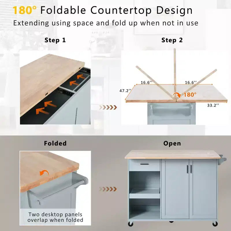 Kitchen Island with Foldable Counter Top, Rolling Kitchen Cart on Wheels, Kitchen Storage Cart with Slide-Out Shelf, Towel Rack and Drawer
