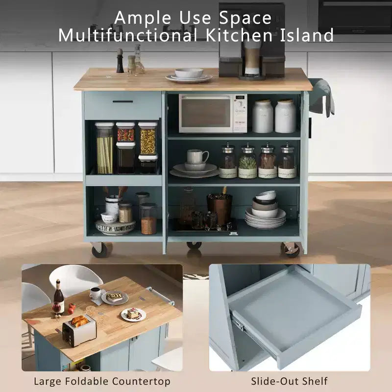 Kitchen Island with Foldable Counter Top, Rolling Kitchen Cart on Wheels, Kitchen Storage Cart with Slide-Out Shelf, Towel Rack and Drawer