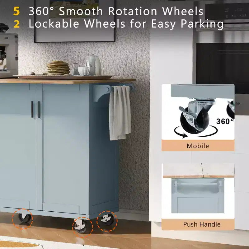 Kitchen Island with Foldable Counter Top, Rolling Kitchen Cart on Wheels, Kitchen Storage Cart with Slide-Out Shelf, Towel Rack and Drawer