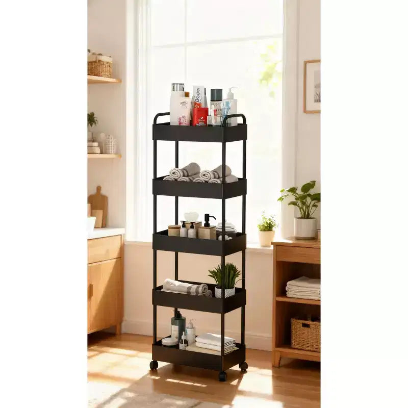 GustoWave Rolling 5-Tier Narrow Serving Cart with Casters & Handle, Multi-Functional Storage Cart for Kitchen, Bath, Living Room, 40x22x114.5cm