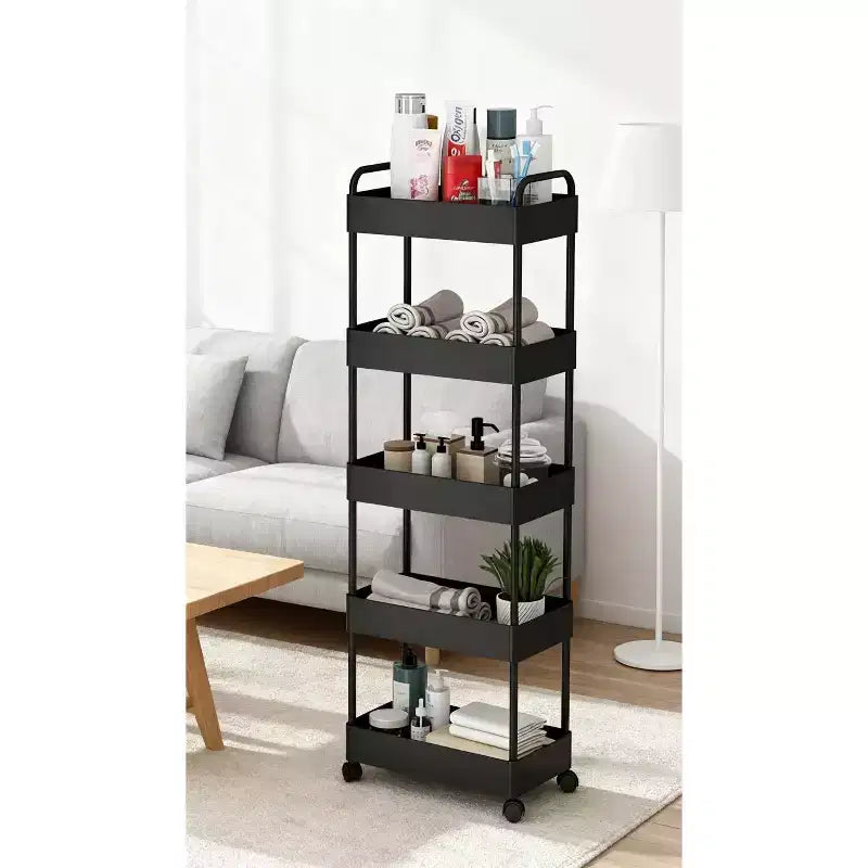 GustoWave Rolling 5-Tier Narrow Serving Cart with Casters & Handle, Multi-Functional Storage Cart for Kitchen, Bath, Living Room, 40x22x114.5cm