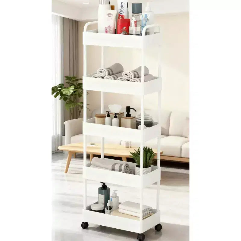GustoWave Rolling 5-Tier Narrow Serving Cart with Casters & Handle, Multi-Functional Storage Cart for Kitchen, Bath, Living Room, 40x22x114.5cm