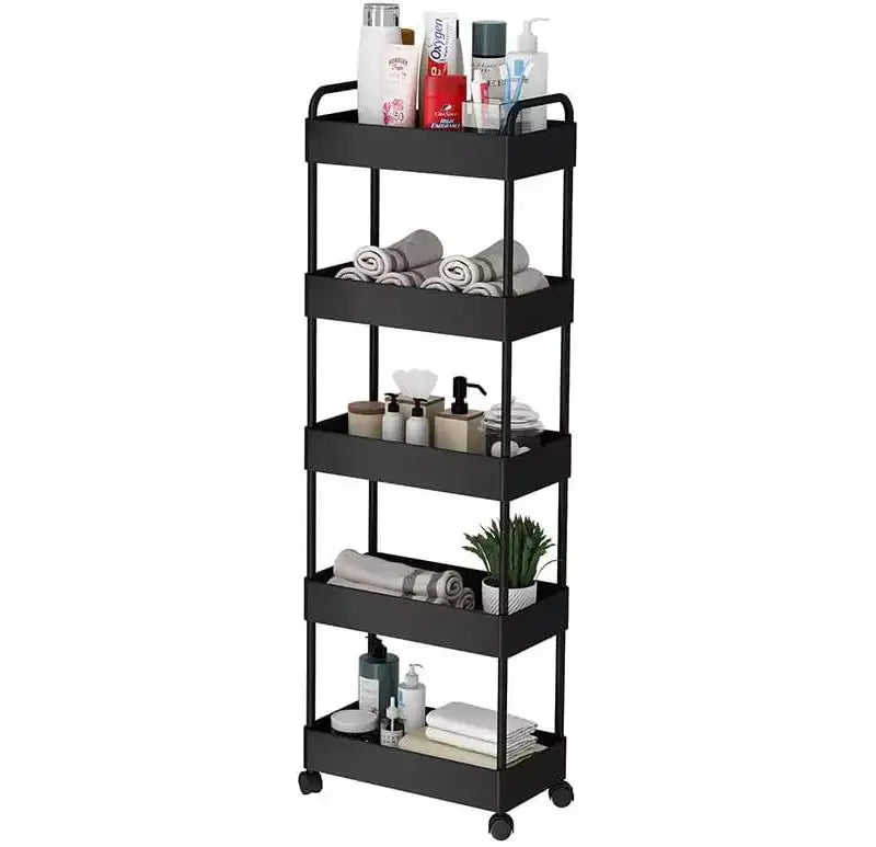 GustoWave Rolling 5-Tier Narrow Serving Cart with Casters & Handle, Multi-Functional Storage Cart for Kitchen, Bath, Living Room, 40x22x114.5cm