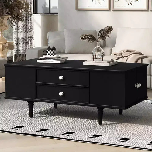 JVNOXK 47.2-inch contemporary side table with four drawers, featuring concealed storage compartments on both sides, metal handles and solid wood legs
