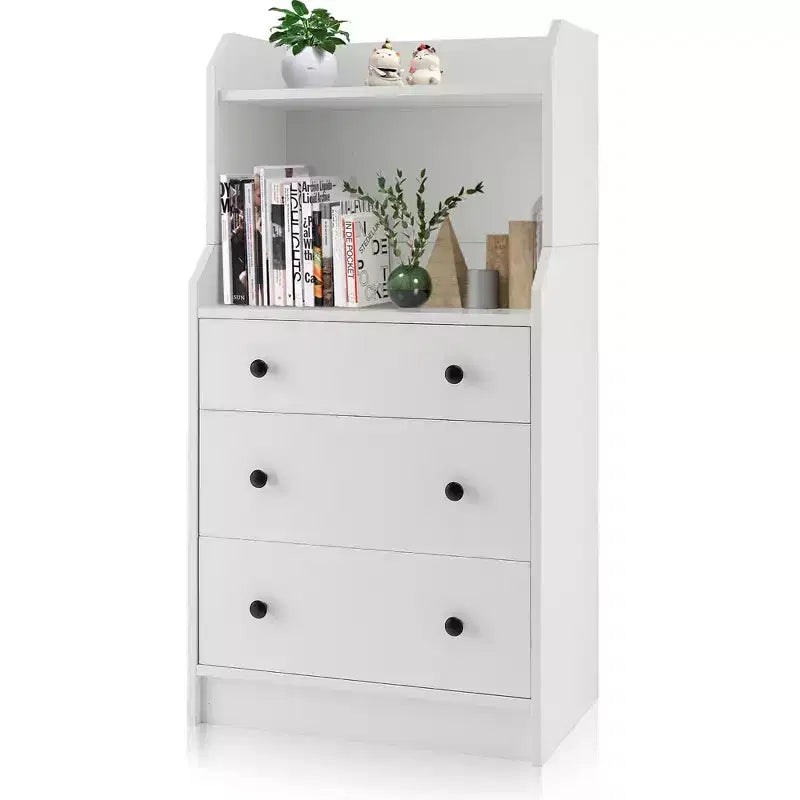 Costway 3-Drawer Dresser 44 Tall Wood Storage Organizer Chest w/ 2 Open Shelves White