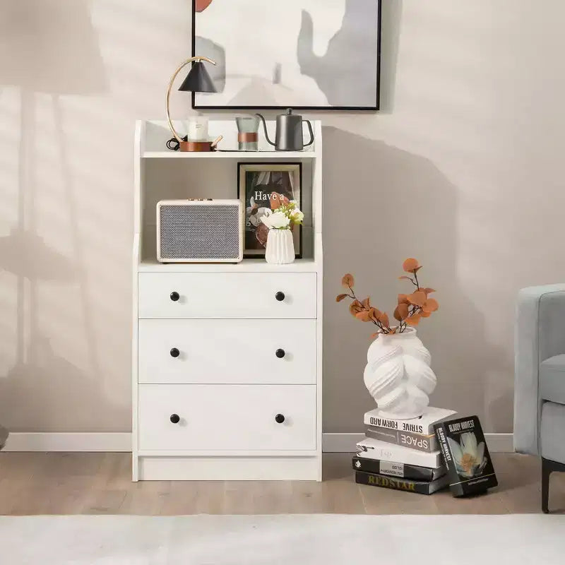 Costway 3-Drawer Dresser 44 Tall Wood Storage Organizer Chest w/ 2 Open Shelves White