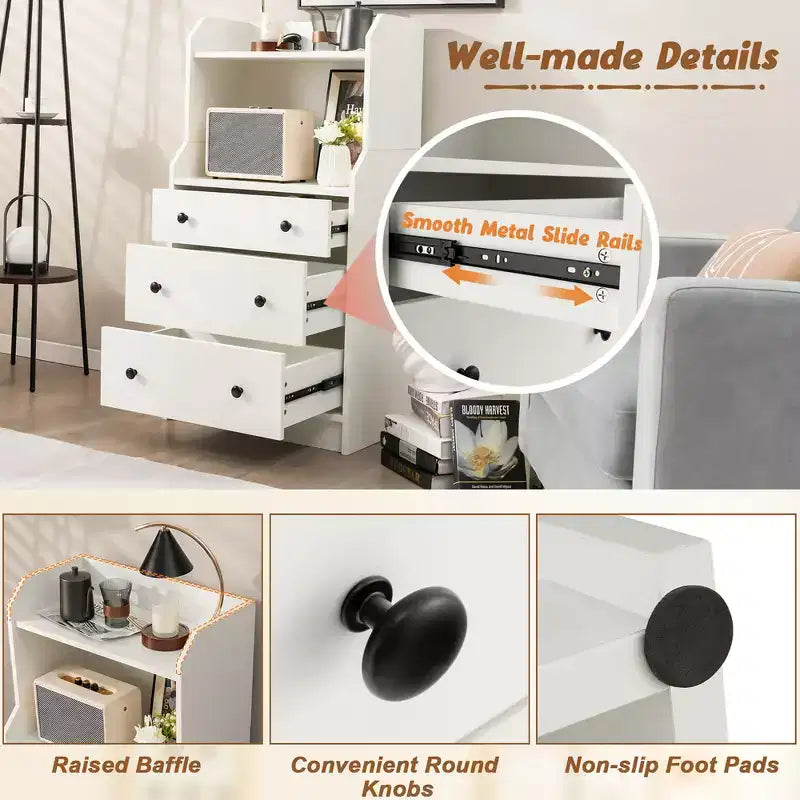 Costway 3-Drawer Dresser 44 Tall Wood Storage Organizer Chest w/ 2 Open Shelves White