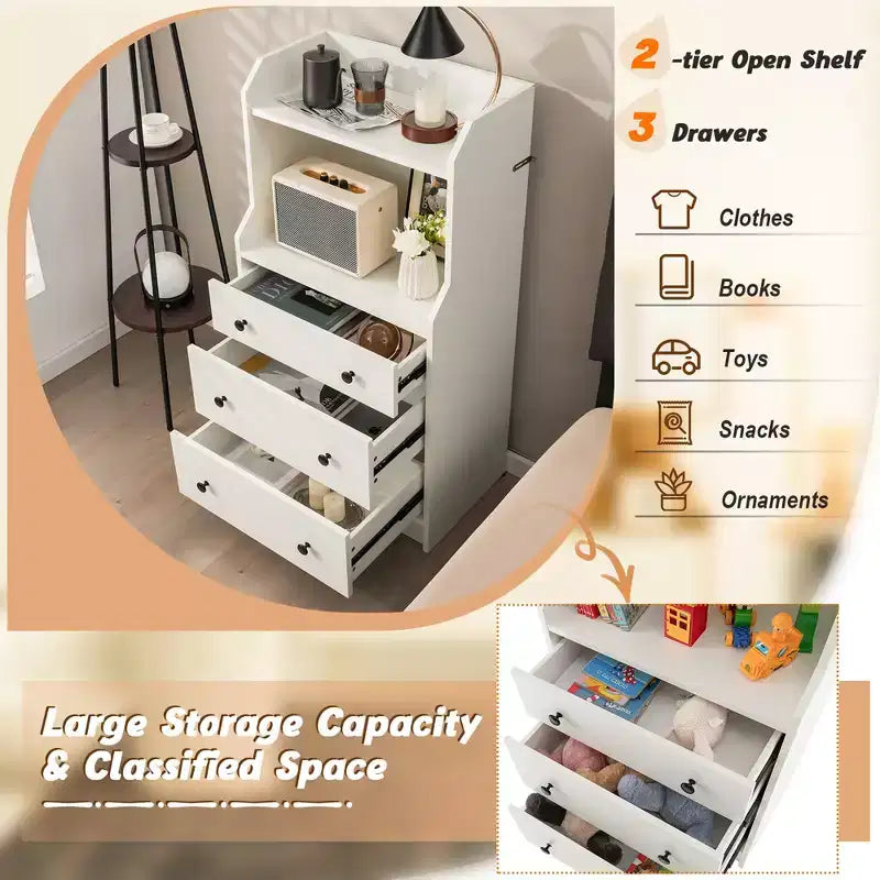 Costway 3-Drawer Dresser 44 Tall Wood Storage Organizer Chest w/ 2 Open Shelves White