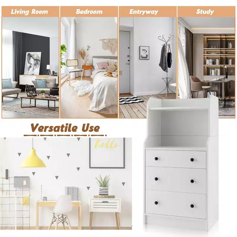 Costway 3-Drawer Dresser 44 Tall Wood Storage Organizer Chest w/ 2 Open Shelves White