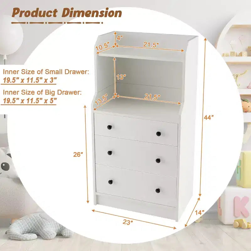 Costway 3-Drawer Dresser 44 Tall Wood Storage Organizer Chest w/ 2 Open Shelves White
