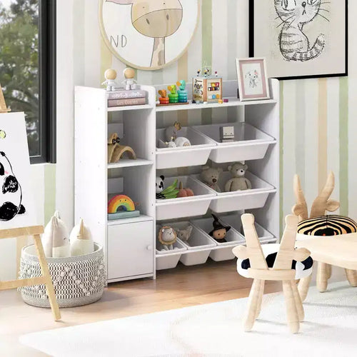 Costway 4-Tier Kids Toy Storage Organizer Bookshelf w/ 8 Toy Organizer Bins Door
