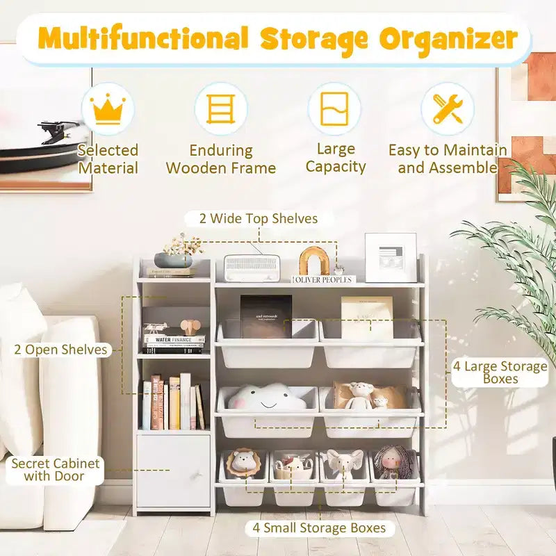 Costway 4-Tier Kids Toy Storage Organizer Bookshelf w/ 8 Toy Organizer Bins Door