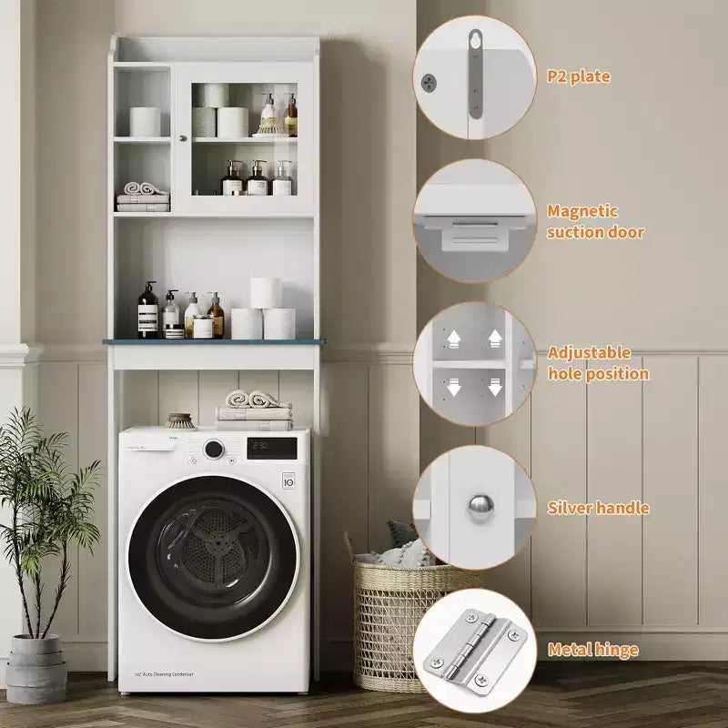 Over The Toilet Storage Cabinet with Adjustable Shelves and Glass Door,Tall Bathroom Organizer Space Saver Over Toilet,Wood Rack for Bathroom