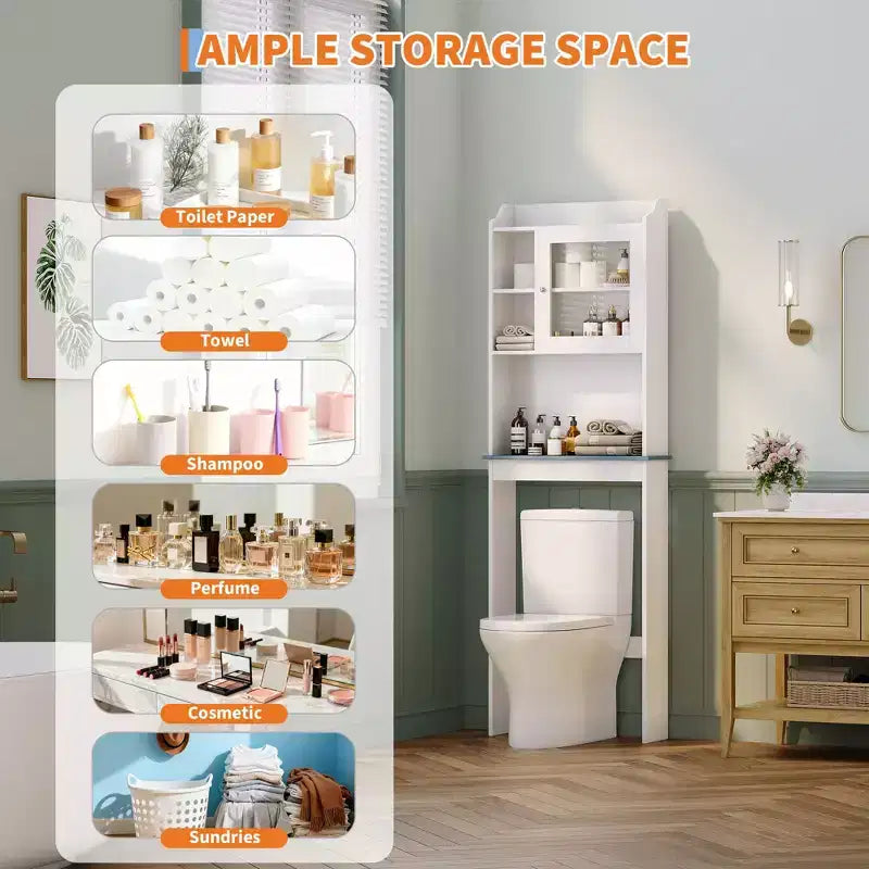 Over The Toilet Storage Cabinet with Adjustable Shelves and Glass Door,Tall Bathroom Organizer Space Saver Over Toilet,Wood Rack for Bathroom