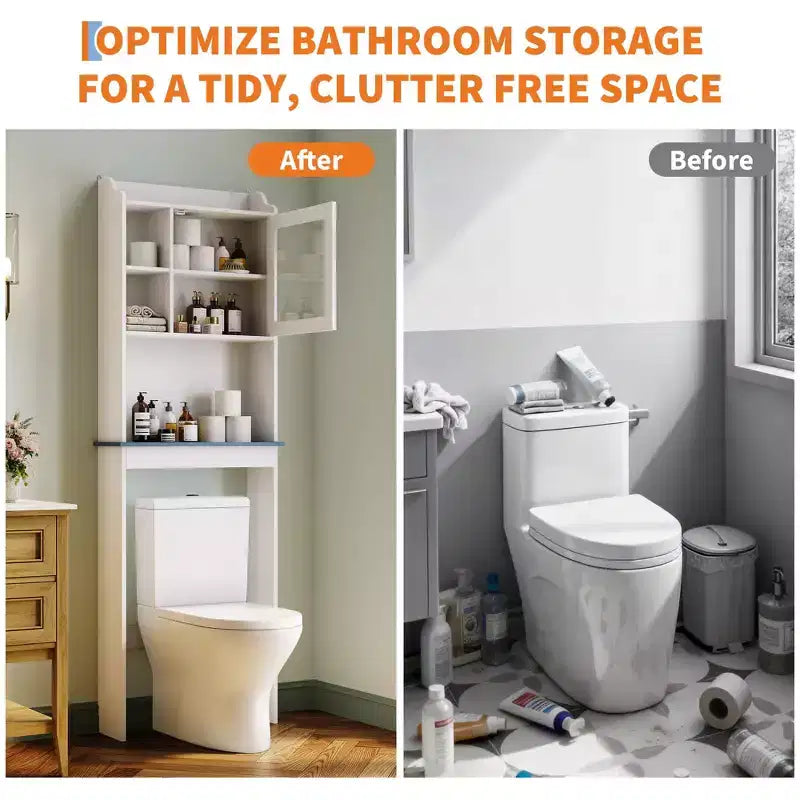Over The Toilet Storage Cabinet with Adjustable Shelves and Glass Door,Tall Bathroom Organizer Space Saver Over Toilet,Wood Rack for Bathroom