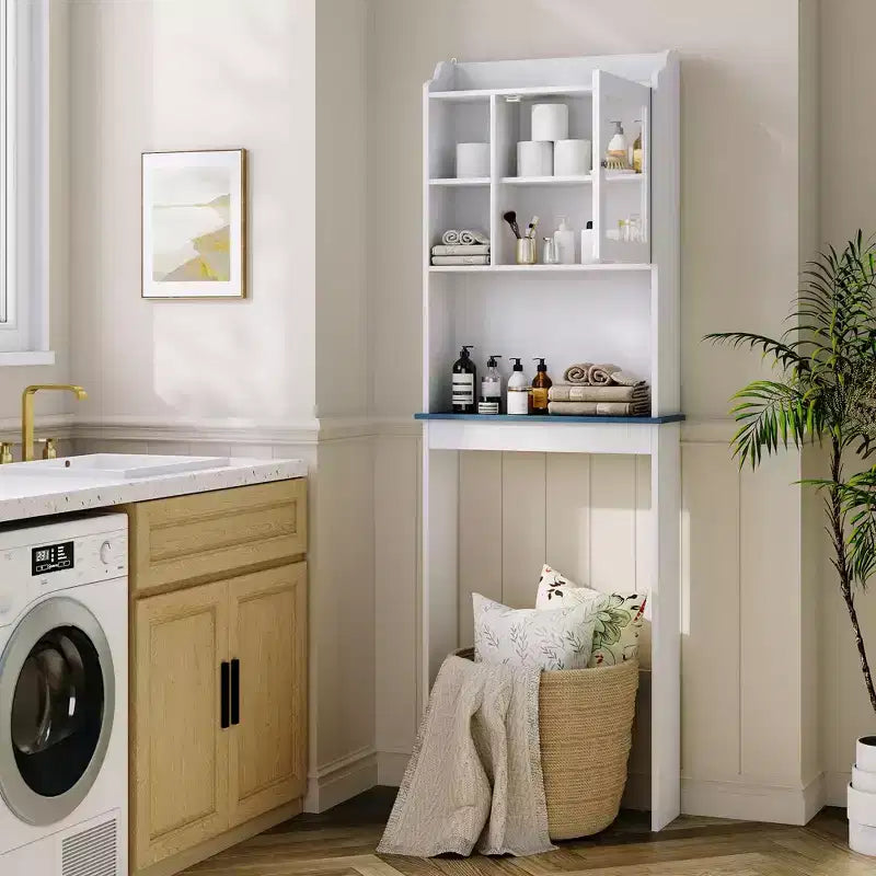 Over The Toilet Storage Cabinet with Adjustable Shelves and Glass Door,Tall Bathroom Organizer Space Saver Over Toilet,Wood Rack for Bathroom