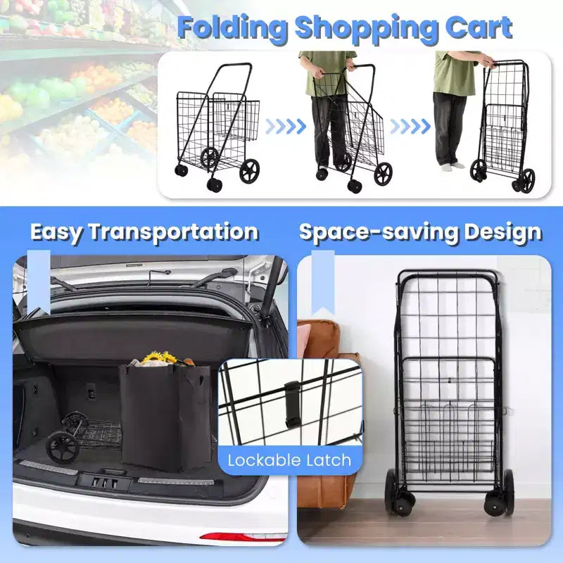 Costway Shopping Cart w/ Oxford Liner Folding Grocery Cart w/ Universal Front Wheels 32 Gal Large Capacity