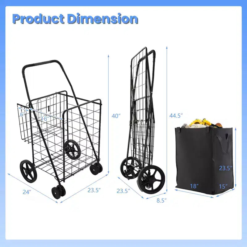 Costway Shopping Cart w/ Oxford Liner Folding Grocery Cart w/ Universal Front Wheels 32 Gal Large Capacity