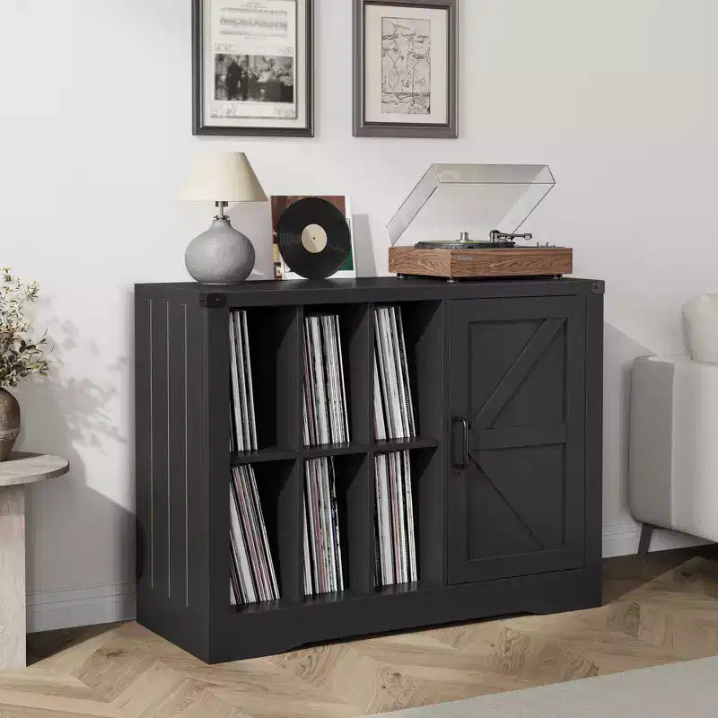 Record Player Stand Cabinet with Door, Farmhouse Turntable Storage Cabinet with Holder Shelves up to 750 Albums, Wooden CD DVD Table Rack