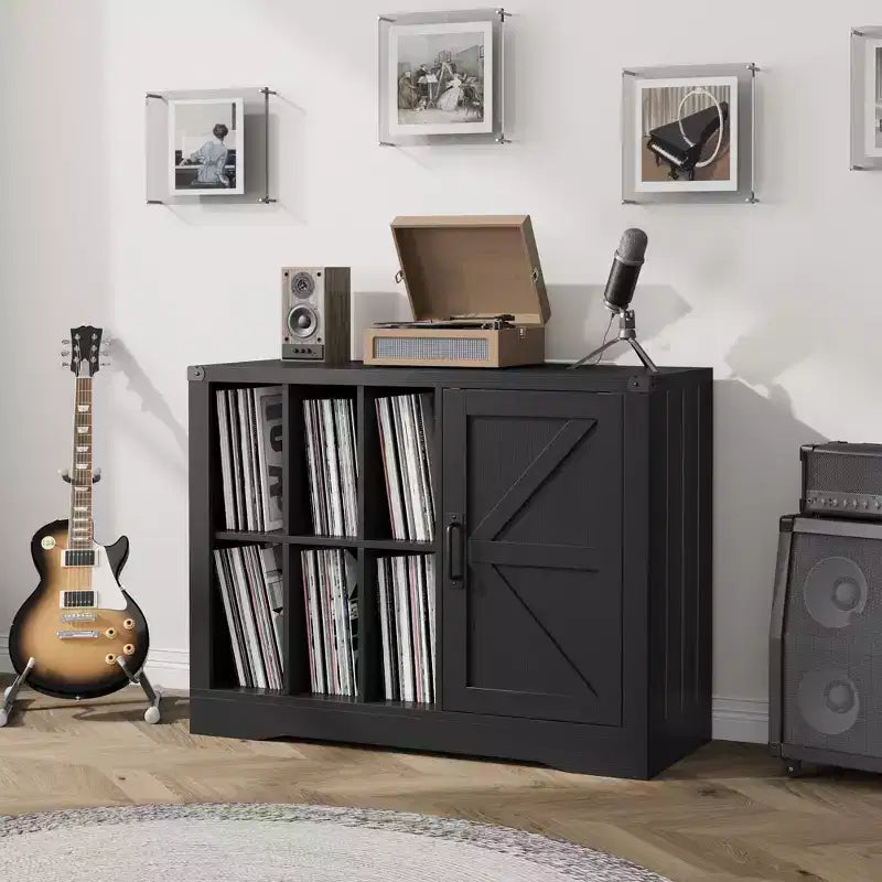 Record Player Stand Cabinet with Door, Farmhouse Turntable Storage Cabinet with Holder Shelves up to 750 Albums, Wooden CD DVD Table Rack