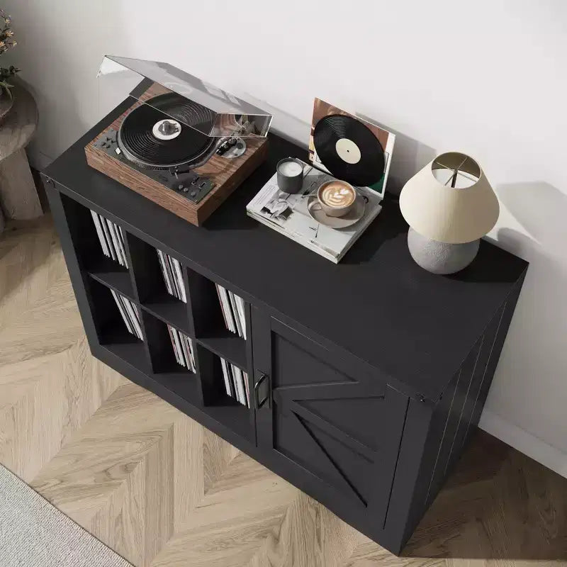 Record Player Stand Cabinet with Door, Farmhouse Turntable Storage Cabinet with Holder Shelves up to 750 Albums, Wooden CD DVD Table Rack