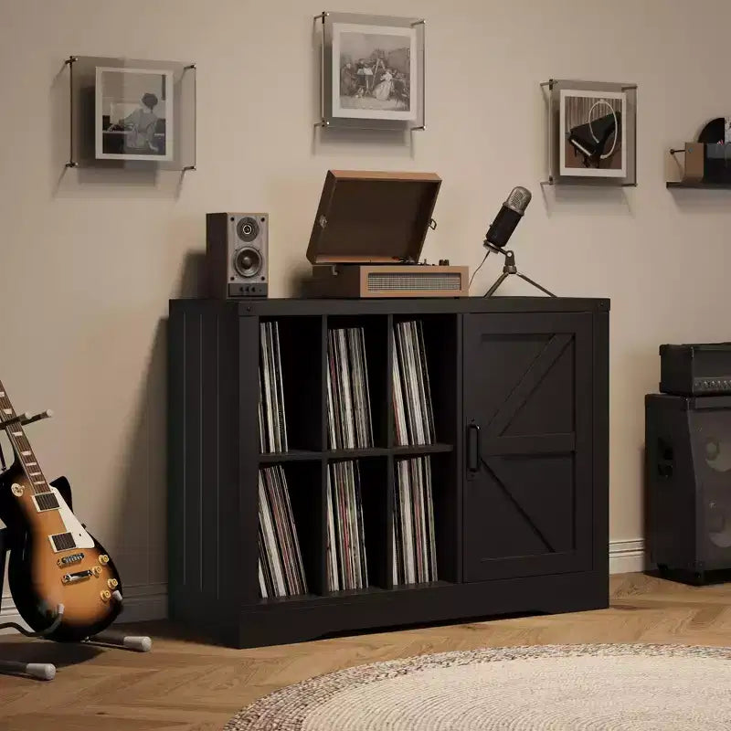 Record Player Stand Cabinet with Door, Farmhouse Turntable Storage Cabinet with Holder Shelves up to 750 Albums, Wooden CD DVD Table Rack