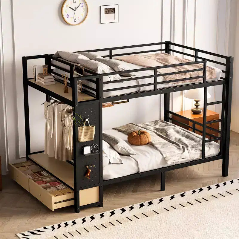 Full/Queen Size Metal Bunk Bed with Hanging Rod, Storage Shelves ,Drawers & Pegboard, Black - ModernLuxe