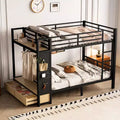 Full/Queen Size Metal Bunk Bed with Hanging Rod, Storage Shelves ,Drawers & Pegboard, Black - ModernLuxe