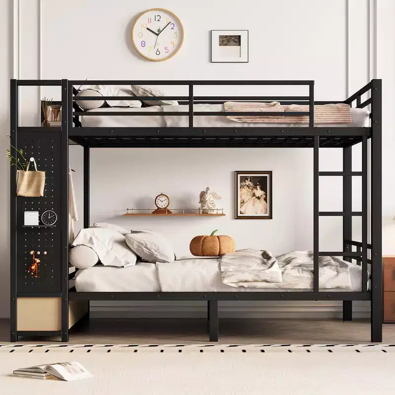 Full/Queen Size Metal Bunk Bed with Hanging Rod, Storage Shelves ,Drawers & Pegboard, Black - ModernLuxe