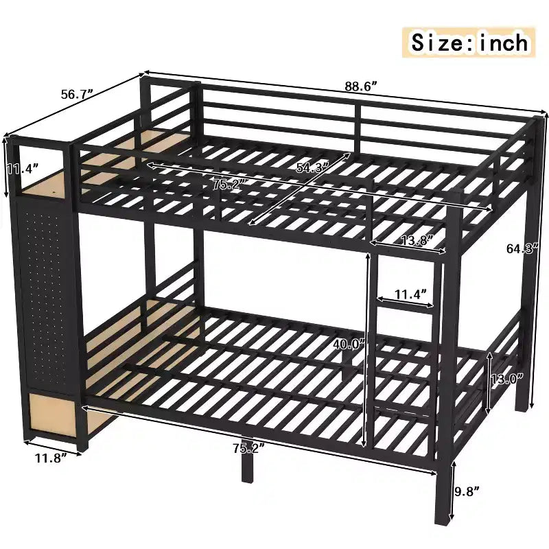 Full/Queen Size Metal Bunk Bed with Hanging Rod, Storage Shelves ,Drawers & Pegboard, Black - ModernLuxe
